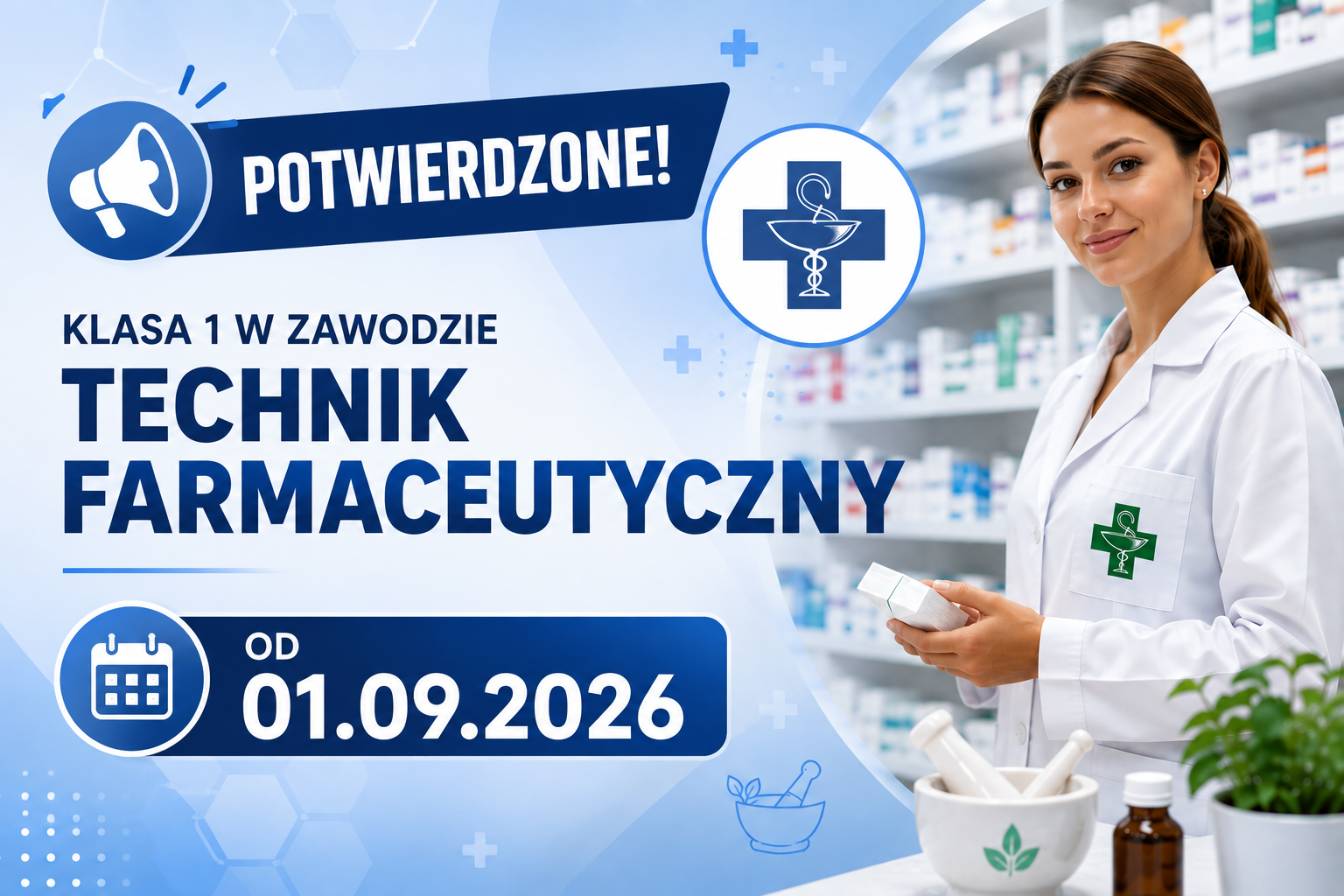 Grafika informująca o potwierdzeniu uruchomienia od 1 września 2026 roku klasy 1 w zawodzie technik farmaceutyczny. Na niebieskim tle widnieje napis „POTWIERDZONE!”, nazwa zawodu i data rozpoczęcia nauki. Po prawej stronie znajduje się kobieta w białym fartuchu w aptece.