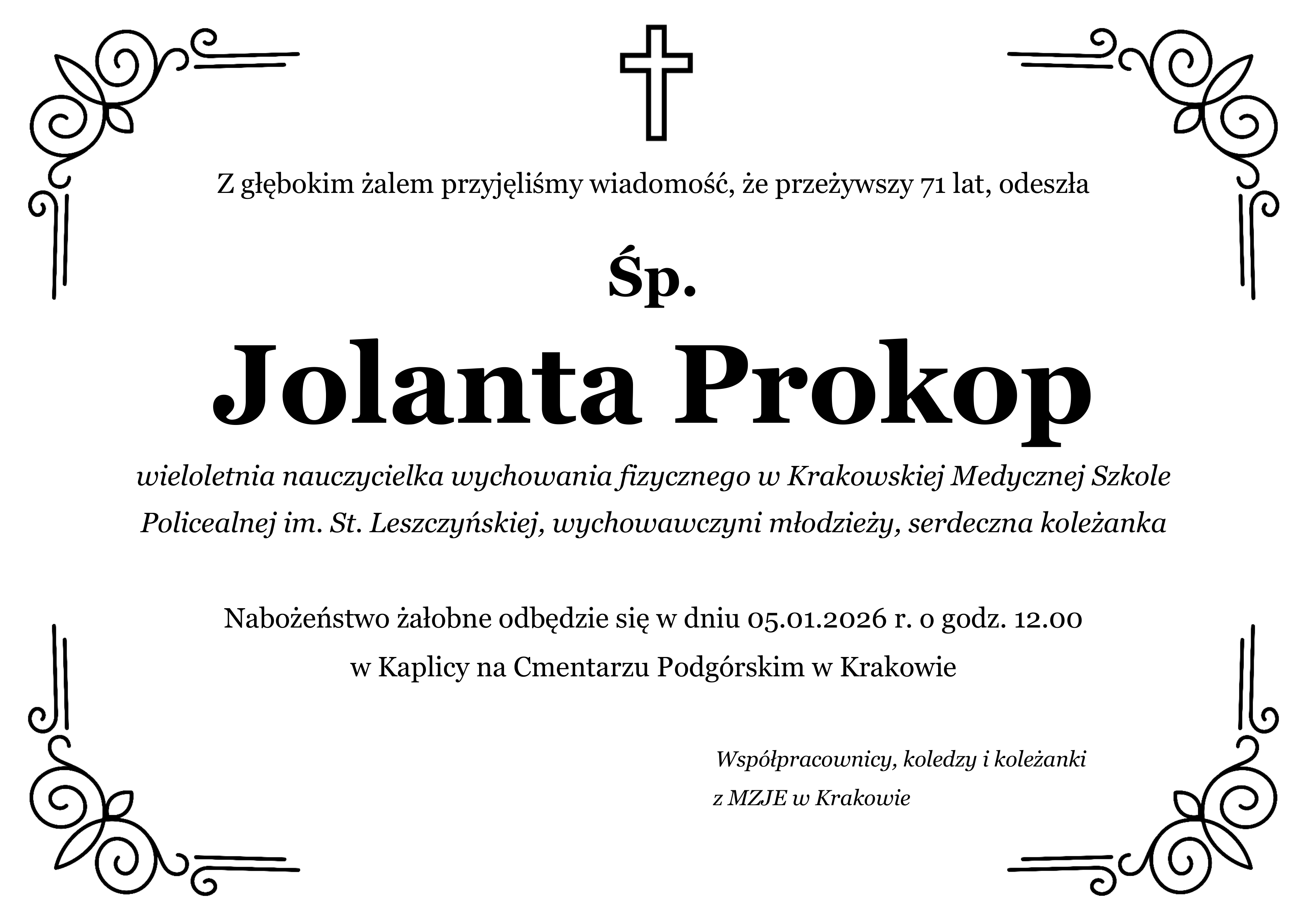 Informacja o śmierci byłego naucyciela szkoły, Pani Jolanty Prokop - tak zwana klepsydra z datą i miejscem pogrzebu zmarłej