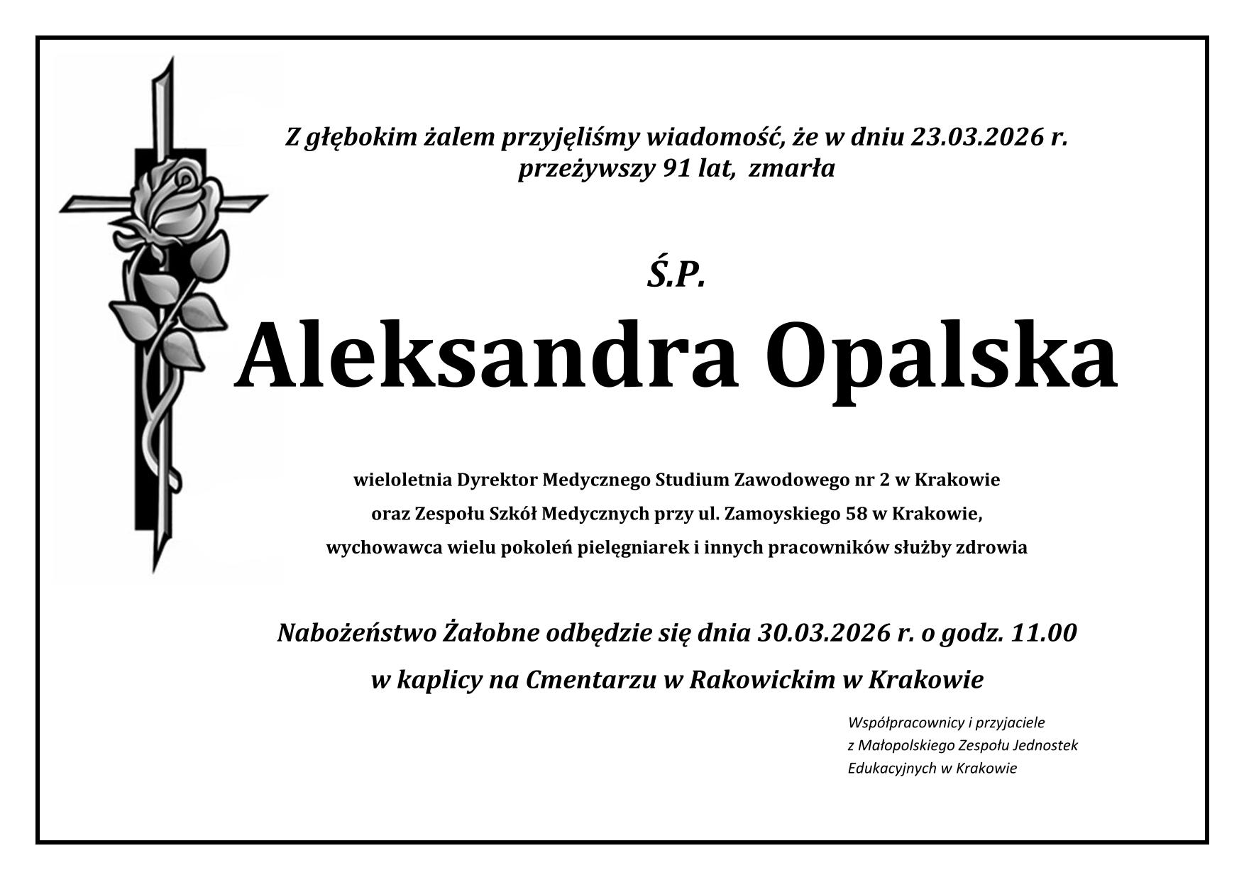 Nwekrolog informujący o śmierci Pani Aleksandry Opalskiej, byłej dyrektor szkoły