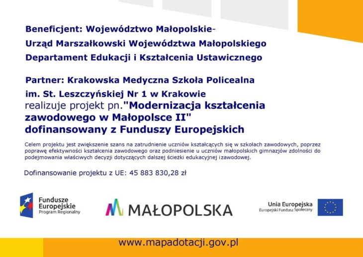 Plakat informujący o udziale szkoły w projekcie Modernizacja Kształcenia Zawodowego w Małopolsce