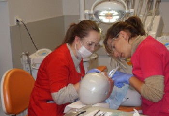 Zdjęcie przedstawia uczennice kierunku higienistka stomatologiczna realizujące kurs z zakresu periodontologii. Uczennice znajdują się w szkolnej pracowni Gabinet stomatologiczny.