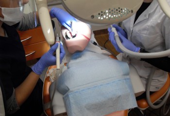 Zdjęcie przedstawia uczennice kierunku higienistka stomatologiczna realizujące kurs z zakresu periodontologii. Uczennice znajdują się w szkolnej pracowni Gabinet stomatologiczny.