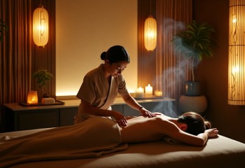 <p>Kobieta w spa wykonuje relaksacyjny masaż pleców klientce leżącej na stole do masażu, przykrytej jasnym ręcznikiem. W tle przytulne wnętrze z bambusowymi roślinami, półkami z ręcznikami,</p>