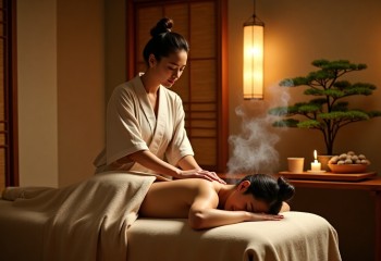 <p>Kobieta w spa wykonuje relaksacyjny masaż pleców klientce leżącej na stole do masażu, przykrytej jasnym ręcznikiem. W tle przytulne wnętrze z bambusowymi roślinami, półkami z ręcznikami,</p>