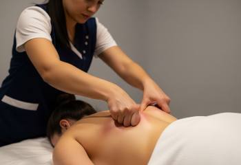 <p>Realistyczne zbliżenie przedstawiające masaż głębokich tkanek, gdzie kobieta-terapeutka w czarnym stroju uciska plecy leżącej na stole kobiety-klientki w klinicznym gabinecie masażu. Widoczne…</p>