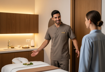 uśmiechnięty mężczyzna-masażysta w beżowym uniformie zaprasza jedną klientkę do eleganckiego gabinetu spa. W tle widoczny jest stół do masażu i minimalistyczny wystrój.