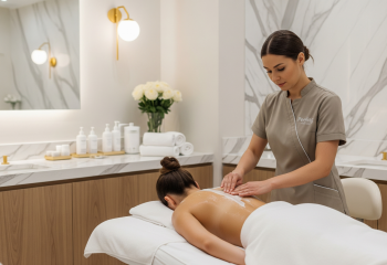 <p>Realistyczne zdjęcie przedstawiające kobietę-terapeutkę SPA w beżowym uniformie, wykonującą zabieg peelingu na plecach klientki w profesjonalnym gabinecie SPA z luksusowym, marmurowym…</p>