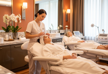 Realistyczne zdjęcie przedstawiające kobietę-terapeutkę SPA w białym szlafroku, nakładającą maseczkę na twarz leżącej klientki w luksusowym gabinecie SPA