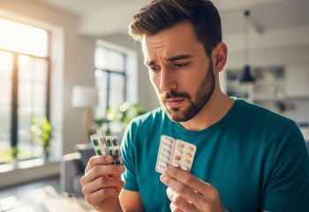 obraz przedstawiający zamyślonego mężczyznę z brodą, trzymającego w rękach dwa różne blistry leków i patrzącego na nie, zastanawiając się, który wybrać