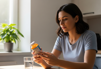 obraz przedstawiający młodą kobietę, która uważnie czyta etykietę butelki z lekiem bez recepty, siedząc przy stole w kuchni