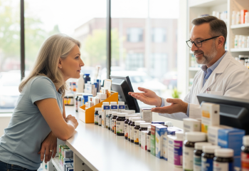 obraz przedstawiający kobietę konsultującą się z farmaceutą w aptece, omawiającą leki bez recepty i suplementy diety